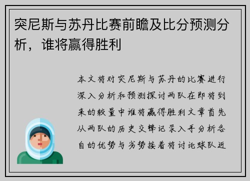 突尼斯与苏丹比赛前瞻及比分预测分析，谁将赢得胜利