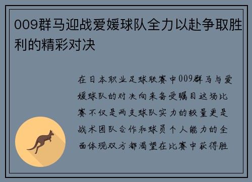 009群马迎战爱媛球队全力以赴争取胜利的精彩对决