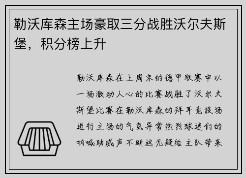 勒沃库森主场豪取三分战胜沃尔夫斯堡，积分榜上升