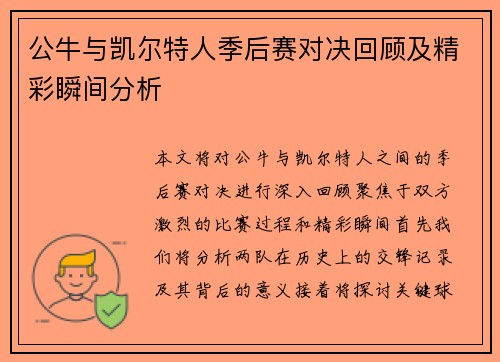 公牛与凯尔特人季后赛对决回顾及精彩瞬间分析