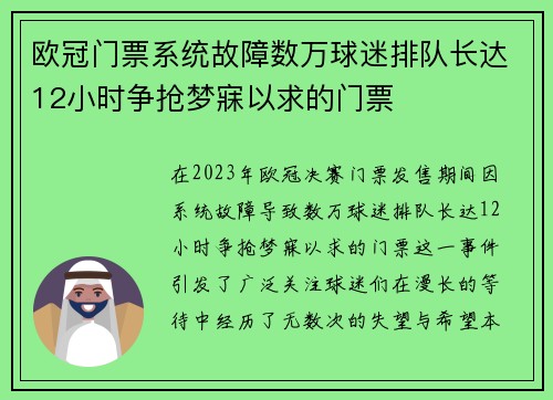 欧冠门票系统故障数万球迷排队长达12小时争抢梦寐以求的门票