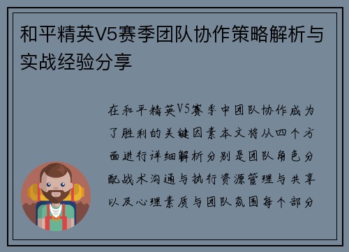 和平精英V5赛季团队协作策略解析与实战经验分享