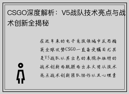 CSGO深度解析：V5战队技术亮点与战术创新全揭秘