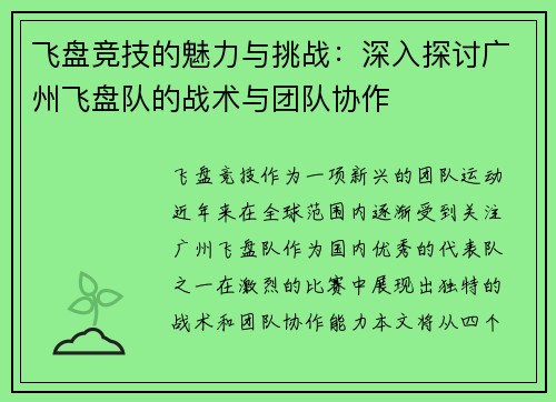 飞盘竞技的魅力与挑战：深入探讨广州飞盘队的战术与团队协作